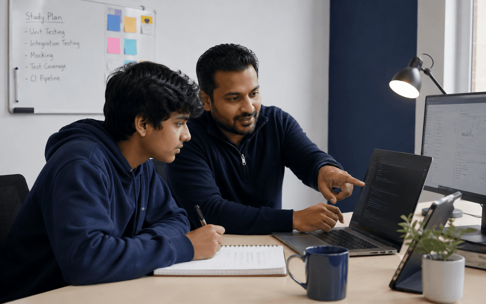 A Testamplify mentor and learner reviewing test coverage and CI priorities together