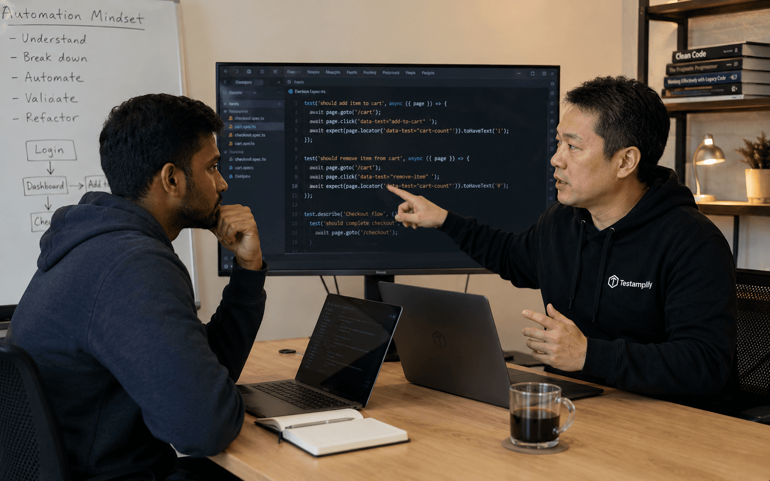 A mentor discussing Playwright automation code during a Testamplify technical review