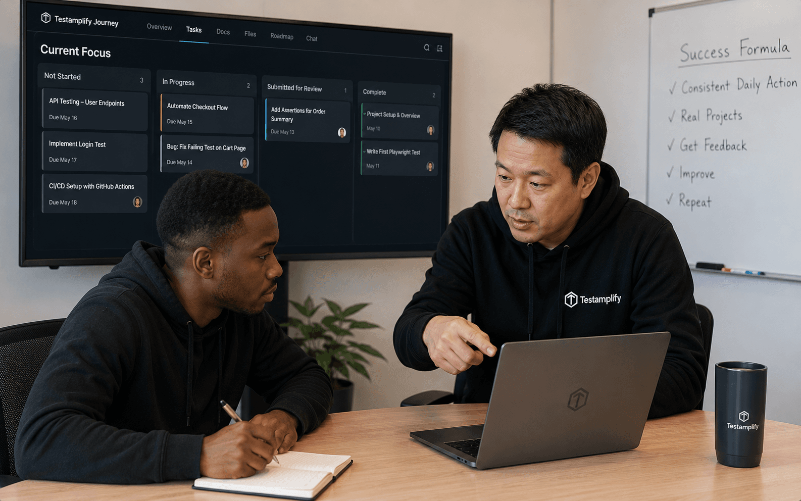 A Testamplify mentor reviewing a Taskologic project milestone with a learner